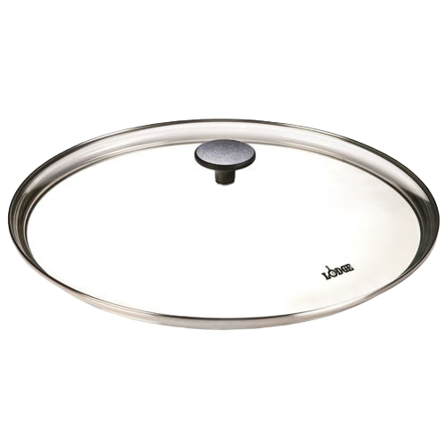Clear round tempered glass lid with stainless steel rim and black knob handle, designed for Kitchen & Food, Cookware, Cast Iron, Pots and Pans, Best Sellers, and Promo Eligible collections.