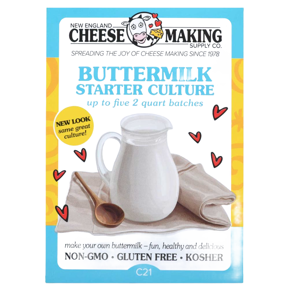 Brightly colored package of buttermilk starter culture for homemade cheese and dairy, featuring a glass pitcher of fresh buttermilk with wooden spoon and cloth, ideal for Kitchen & Food, Specialty Equipment, DIY Cheese and Yogurt, Best Sellers, Promo Eligible, and Sale collections.