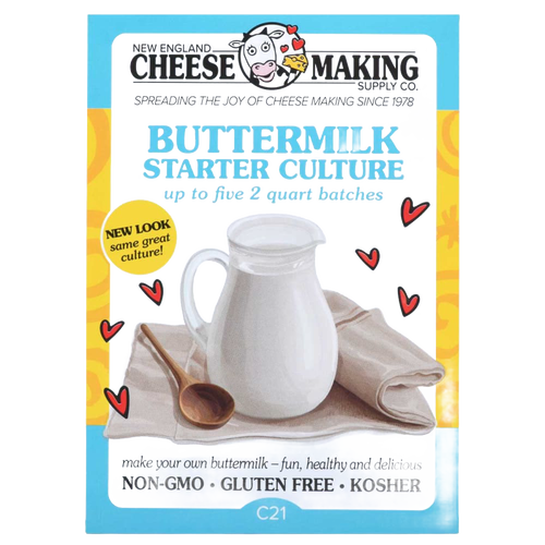 Brightly colored package of buttermilk starter culture for homemade cheese and dairy, featuring a glass pitcher of fresh buttermilk with wooden spoon and cloth, ideal for Kitchen & Food, Specialty Equipment, DIY Cheese and Yogurt, Best Sellers, Promo Eligible, and Sale collections.