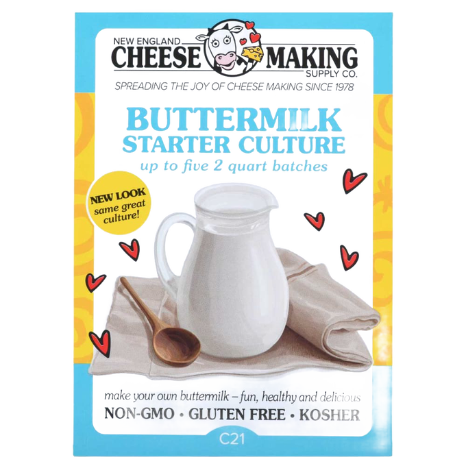 Brightly colored package of buttermilk starter culture for homemade cheese and dairy, featuring a glass pitcher of fresh buttermilk with wooden spoon and cloth, ideal for Kitchen & Food, Specialty Equipment, DIY Cheese and Yogurt, Best Sellers, Promo Eligible, and Sale collections.