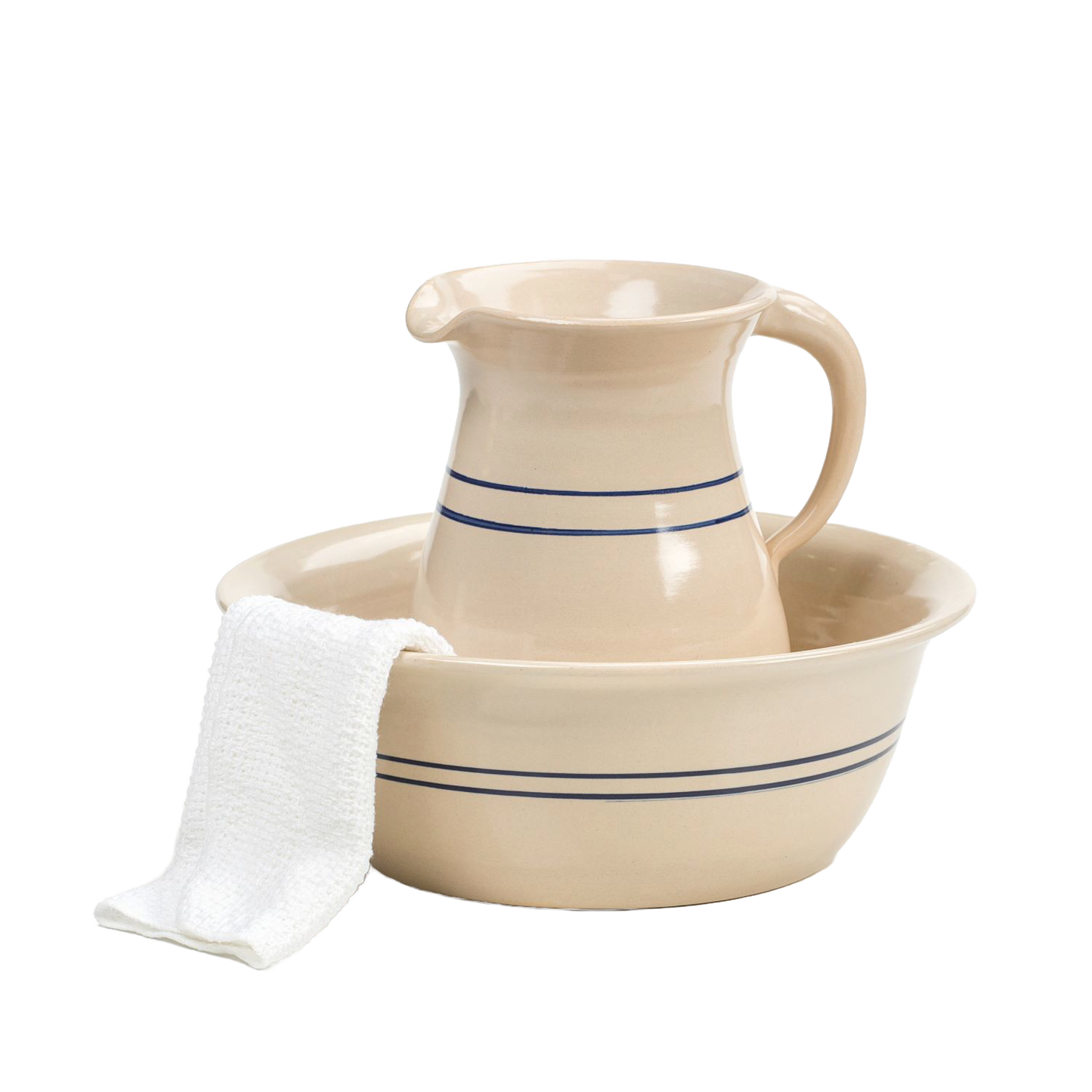 Handcrafted Heritage Blue Stripe wash basin and pitcher set in stoneware with classic blue banding, made in USA, perfect for Home & Decor, Kitchen & Food, and Household Helpers collections.