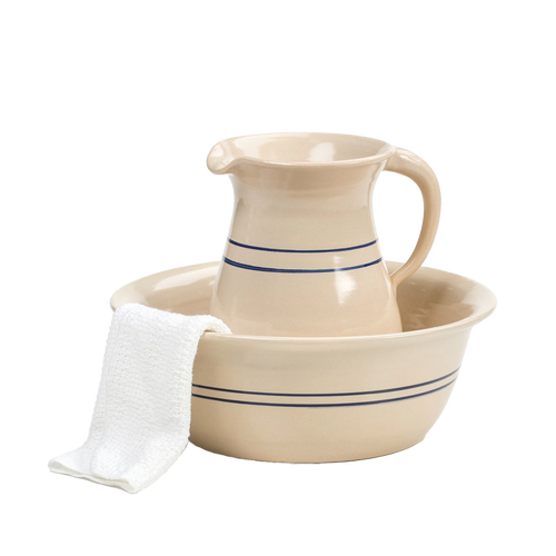 Handcrafted Heritage Blue Stripe wash basin and pitcher set in stoneware with classic blue banding, made in USA, perfect for Home & Decor, Kitchen & Food, and Household Helpers collections.