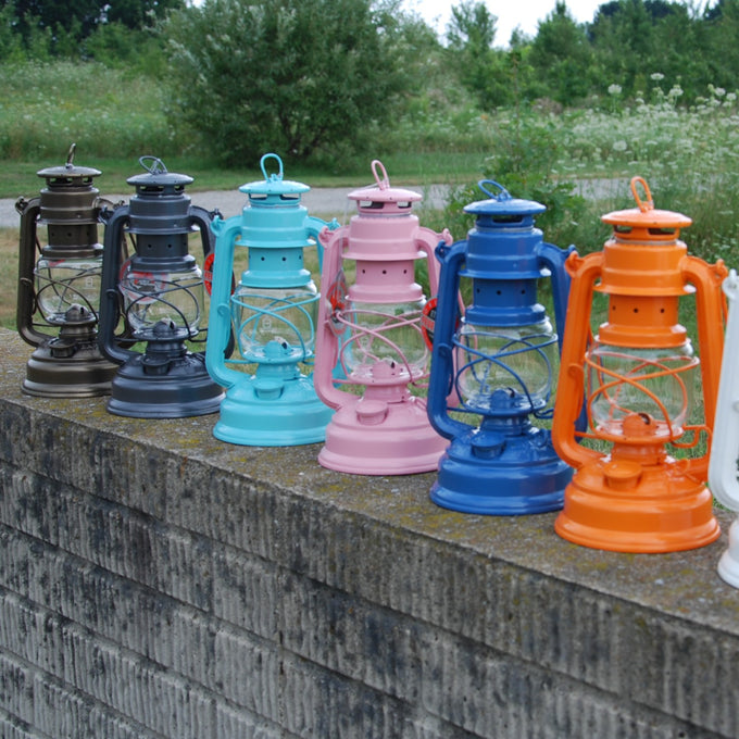 Handcrafted galvanized oil lanterns in a range of vibrant colors including brown, black, turquoise, pink, blue, and orange, perfect for Lamps & Lighting, Camping, and Emergency Supplies collections.