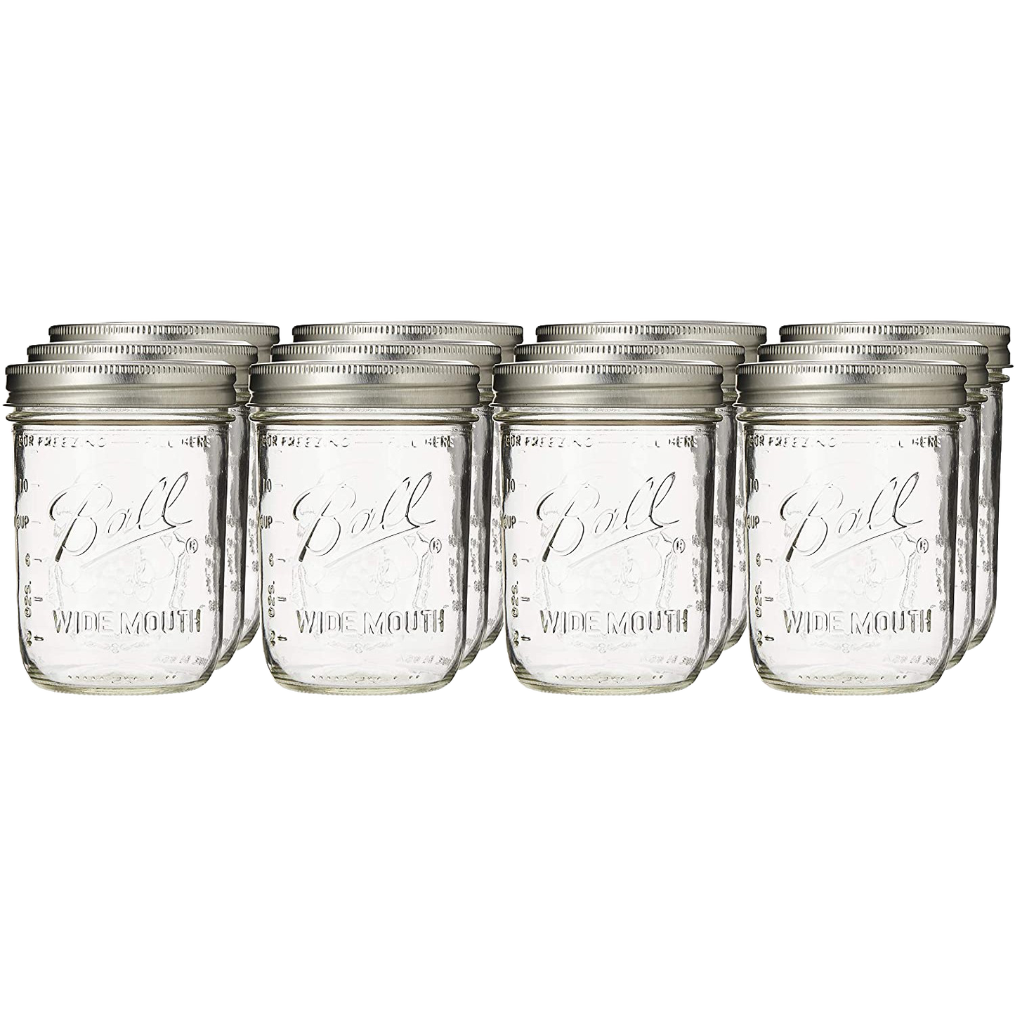 Set of twelve clear glass wide-mouth pint jars with metal lids and bands, handcrafted and made in USA, ideal for Kitchen & Food, Food Preservation, Canning, and Canning Jars and Accessories collections.