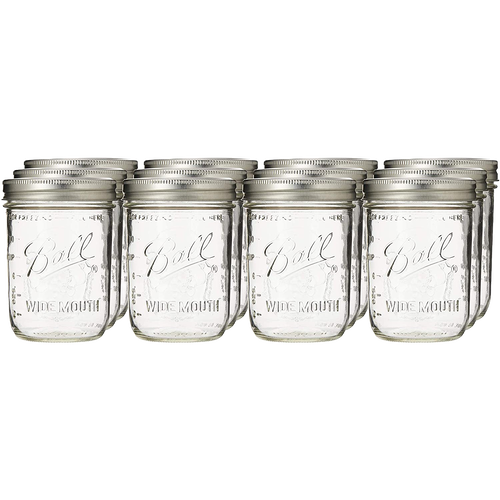 Set of twelve clear glass wide-mouth pint jars with metal lids and bands, handcrafted and made in USA, ideal for Kitchen & Food, Food Preservation, Canning, and Canning Jars and Accessories collections.