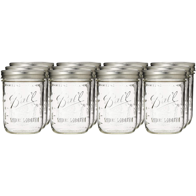 Set of twelve clear glass wide-mouth pint jars with metal lids and bands, handcrafted and made in USA, ideal for Kitchen & Food, Food Preservation, Canning, and Canning Jars and Accessories collections.