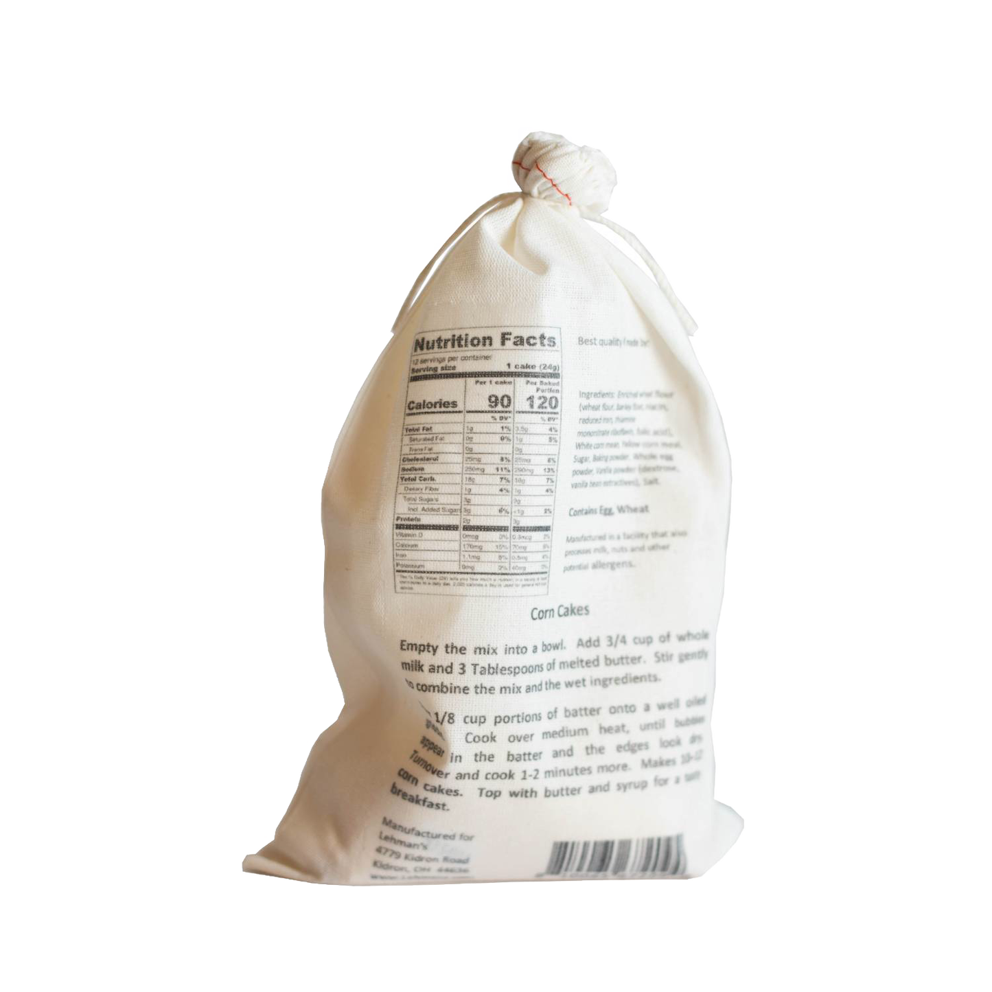 Natural-colored drawstring bag of handcrafted pancake mix featuring nutritional information and preparation instructions, ideal for Kitchen & Food, Pantry, Dry Goods, Best Sellers, and Promo Eligible collections.