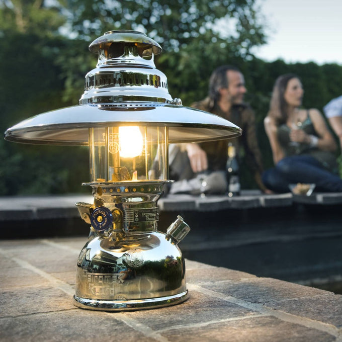 Classic pressure lamp fitted with a polished metal top reflector that enhances and directs warm, downward light, handcrafted and ideal for Lamps & Lighting, Parts and Accessories, Best Sellers, and Promo Eligible collections.
