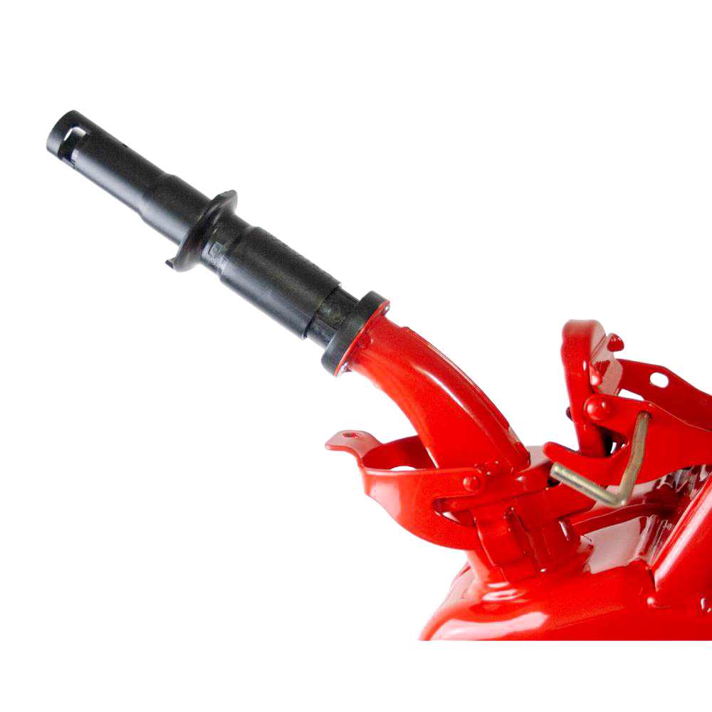 Close-up of a sturdy red steel fuel can spout with black safety adapter, crafted for leak-proof and splash-resistant use in Farm, Garden & Tool, Emergency Supplies, and Best Sellers collections.