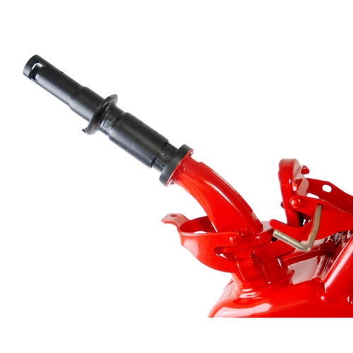 Close-up of a sturdy red steel fuel can spout with black safety adapter, crafted for leak-proof and splash-resistant use in Farm, Garden & Tool, Emergency Supplies, and Best Sellers collections.