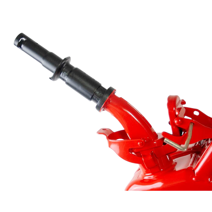 Close-up of a sturdy red steel fuel can spout with black safety adapter, crafted for leak-proof and splash-resistant use in Farm, Garden & Tool, Emergency Supplies, and Best Sellers collections.