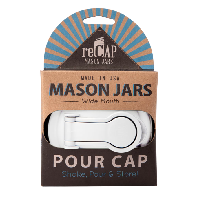 White wide-mouth mason jar pour lid with carry loop in eco-friendly cardboard packaging, made in USA, ideal for Kitchen & Food, Dinnerware, Kitchen Gadgets, and Best Sellers collections.