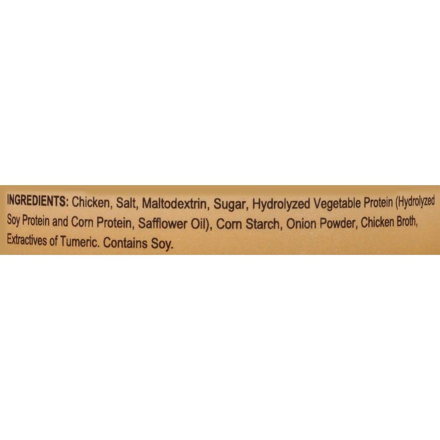 Close-up of ingredient list on a chicken soup base container, highlighting natural components like hydrolyzed vegetable protein, chicken broth, and turmeric extract, ideal for Kitchen & Food and Pantry collections.