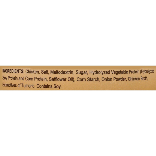 Close-up of ingredient list on a chicken soup base container, highlighting natural components like hydrolyzed vegetable protein, chicken broth, and turmeric extract, ideal for Kitchen & Food and Pantry collections.