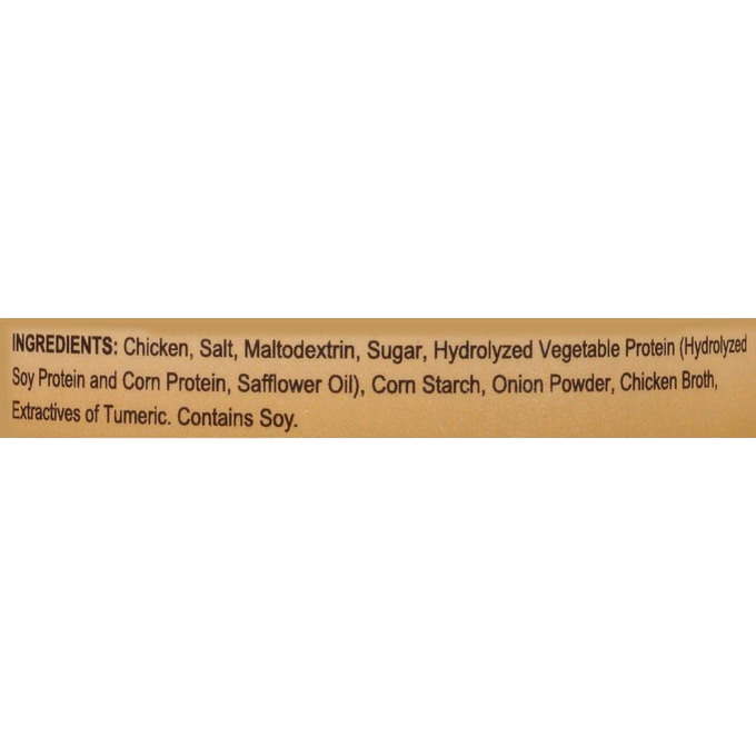 Close-up of ingredient list on a chicken soup base container, highlighting natural components like hydrolyzed vegetable protein, chicken broth, and turmeric extract, ideal for Kitchen & Food and Pantry collections.