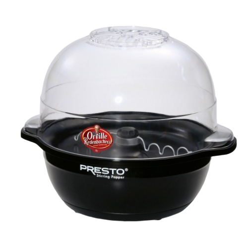 Black electric popcorn popper with clear dome lid and motorized stirring arm inside, designed for easy, even popping, ideal for Kitchen & Food and Popcorn collections.