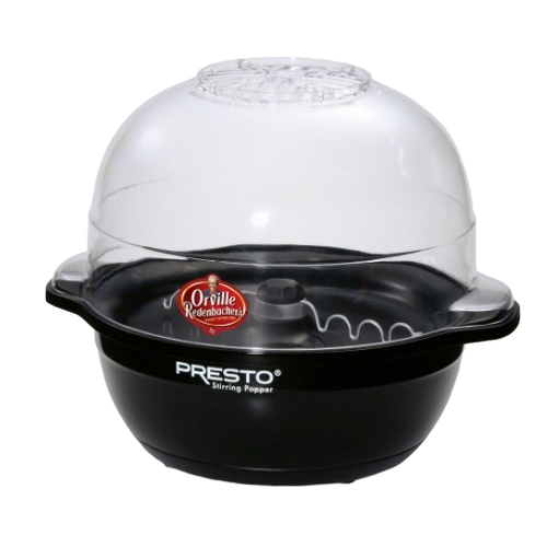 Black electric popcorn popper with clear dome lid and motorized stirring arm inside, designed for easy, even popping, ideal for Kitchen & Food and Popcorn collections.