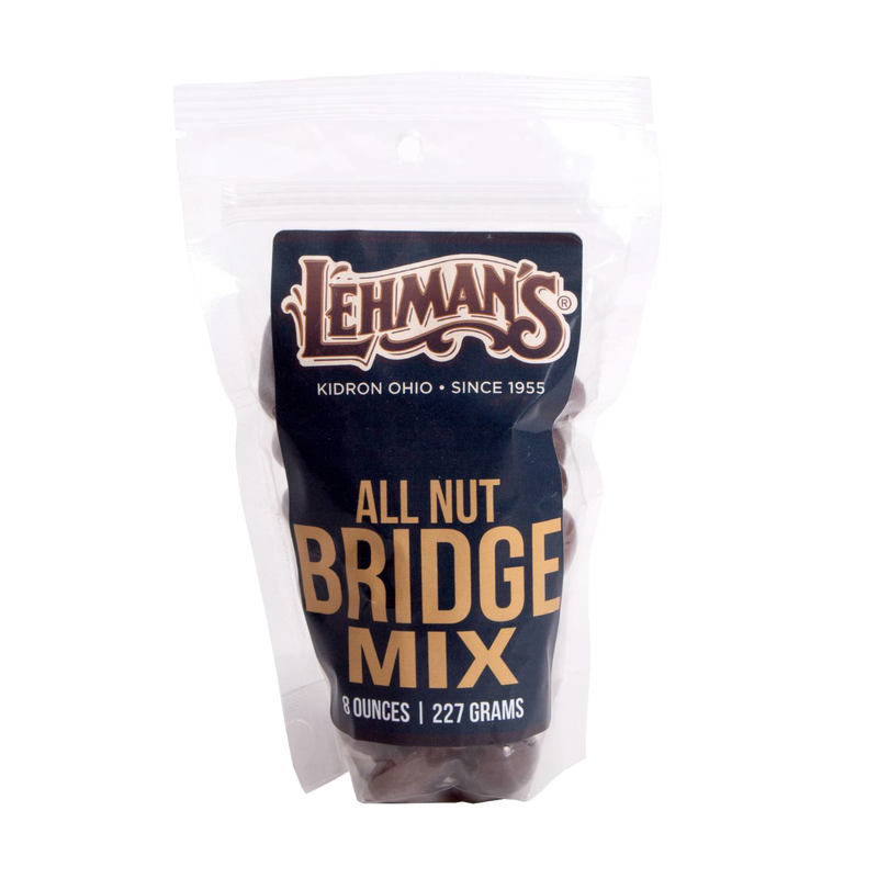 Resealable bag of Lehman's all nut bridge mix featuring milk chocolate coated cashews, almonds, pecans, and Brazil nuts, made in USA, ideal for Kitchen & Food, Snacks and Sweets, Candy, Best Sellers, and Promo Eligible collections.