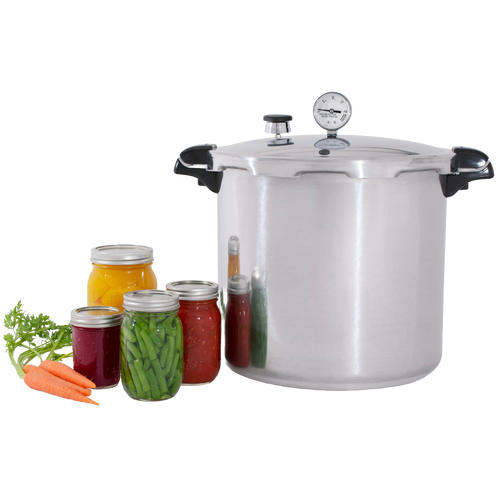 Large silver-toned pressure canner with black handles and a built-in pressure gauge, accompanied by assorted jars of preserved vegetables and fresh carrots, featured in Kitchen & Food, Food Preservation, and Canning collections.