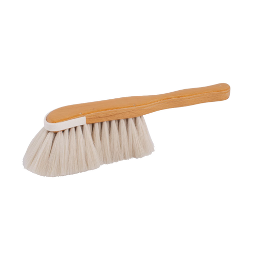 Handcrafted dust brush with soft goat hair bristles and a smooth wooden handle, ergonomically shaped for gentle cleaning of delicate surfaces, featured in Home & Decor and Household Cleaning collections.