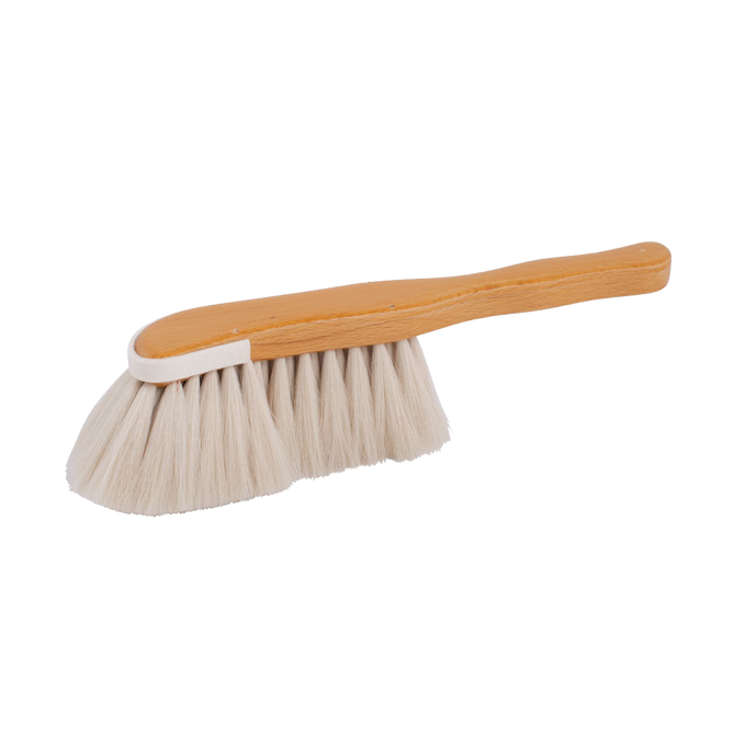 Handcrafted dust brush with soft goat hair bristles and a smooth wooden handle, ergonomically shaped for gentle cleaning of delicate surfaces, featured in Home & Decor and Household Cleaning collections.