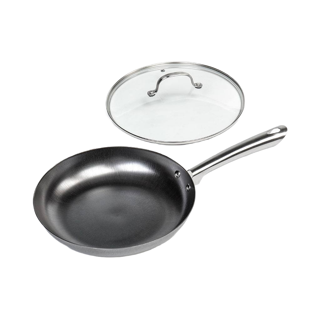 Handcrafted nitrogen-hardened cast iron skillet with a smooth stainless steel handle, accompanied by a clear glass lid, suited for Kitchen & Food, Cookware, Cast Iron, Best Sellers, Promo Eligible, and Sale collections.