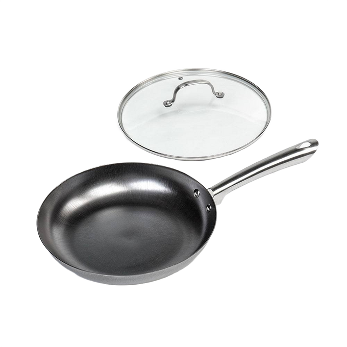 Handcrafted nitrogen-hardened cast iron skillet with a smooth stainless steel handle, accompanied by a clear glass lid, suited for Kitchen & Food, Cookware, Cast Iron, Best Sellers, Promo Eligible, and Sale collections.