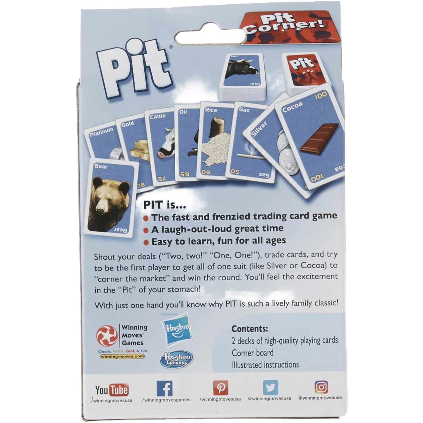 Back of a Pit card game box showing colorful resource cards like platinum, gold, cattle, oil, rice, gas, silver, cocoa, and bear, highlighting it as a fast, fun trading card game for ages 7 and up in Toys, Books & Games, Games and Puzzles, Table and Board Games, and Best Sellers collections.