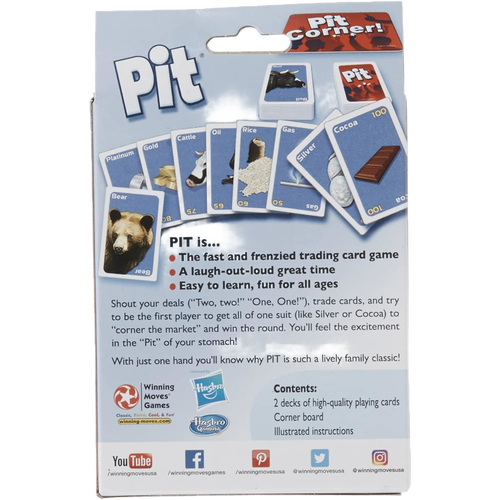 Back of a Pit card game box showing colorful resource cards like platinum, gold, cattle, oil, rice, gas, silver, cocoa, and bear, highlighting it as a fast, fun trading card game for ages 7 and up in Toys, Books & Games, Games and Puzzles, Table and Board Games, and Best Sellers collections.