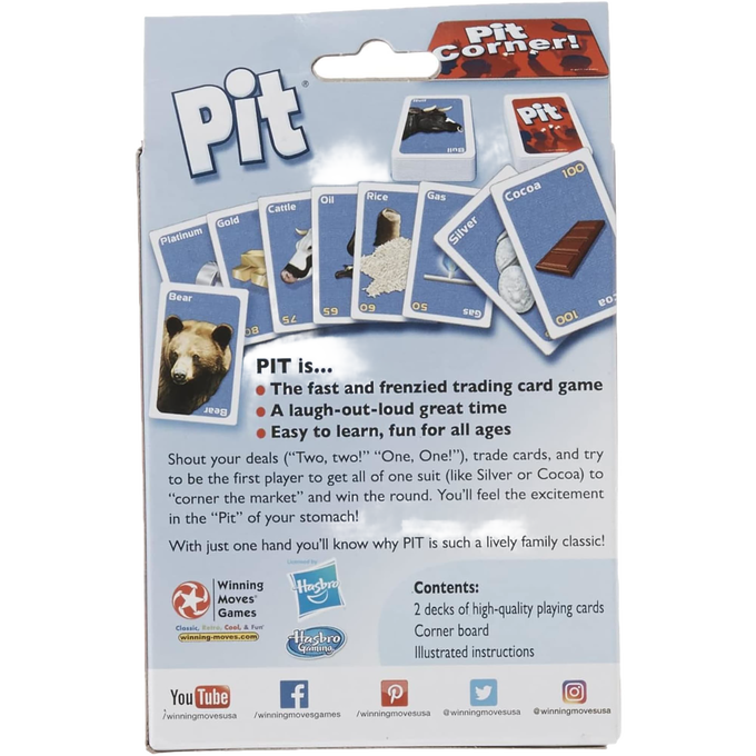 Back of a Pit card game box showing colorful resource cards like platinum, gold, cattle, oil, rice, gas, silver, cocoa, and bear, highlighting it as a fast, fun trading card game for ages 7 and up in Toys, Books & Games, Games and Puzzles, Table and Board Games, and Best Sellers collections.