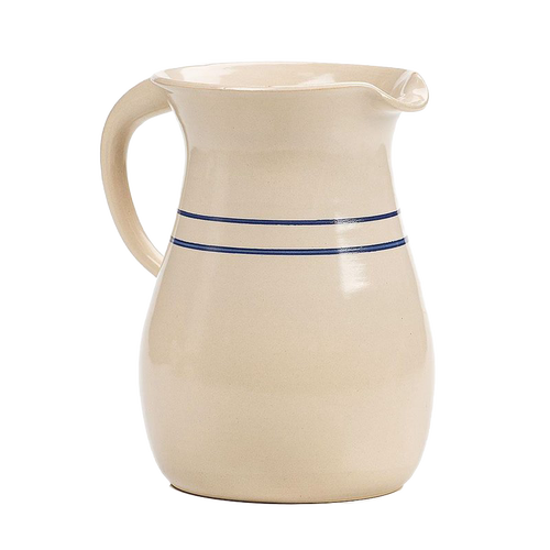 Handmade natural stoneware pitcher with double blue stripes, featuring a classic shape and sturdy handle, perfect for Kitchen & Food, Dinnerware, and USA Made collections.
