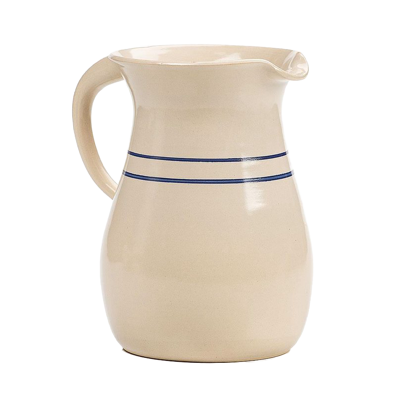 Handmade natural stoneware pitcher with double blue stripes, featuring a classic shape and sturdy handle, perfect for Kitchen & Food, Dinnerware, and USA Made collections.