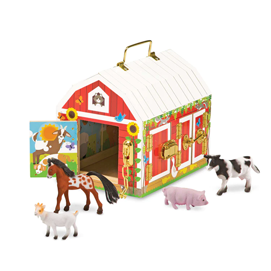 Brightly painted wooden barn toy with four small flocked animal figures including a horse, pig, goat, and cow; features functional brass latches and handle, part of Children's Toys and Wooden Toys collections.