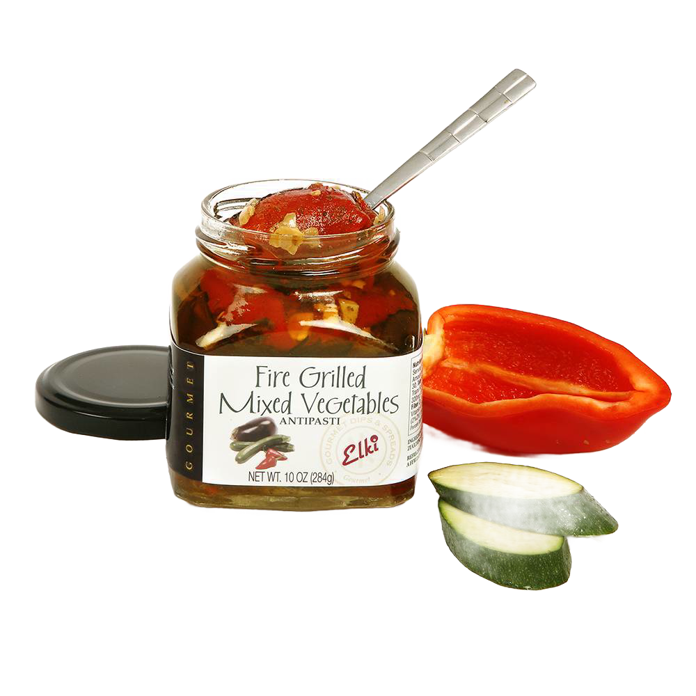 Open jar of fire-grilled mixed vegetables with spoon inside, accompanied by sliced zucchini and halved red bell pepper, perfect for Kitchen & Food and Pantry collections.