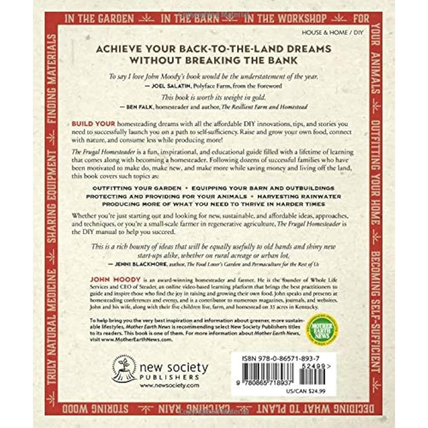 Back cover of a unique, handcrafted homesteading guidebook featuring tips on gardening, barn outfitting, animal care, and rainwater harvesting, ideal for Books, Home and Garden How-To Books, Best Sellers, and Promo Eligible collections.