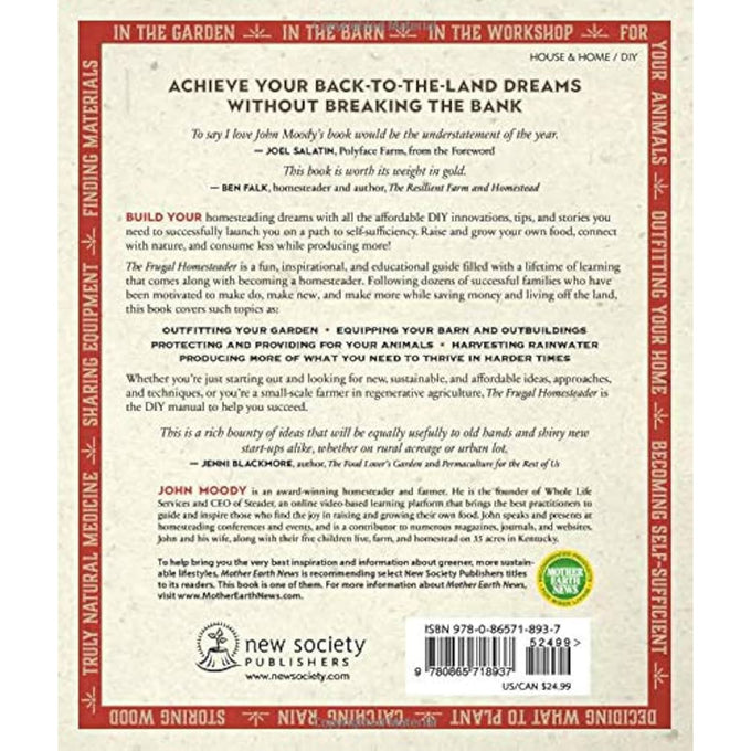 Back cover of a unique, handcrafted homesteading guidebook featuring tips on gardening, barn outfitting, animal care, and rainwater harvesting, ideal for Books, Home and Garden How-To Books, Best Sellers, and Promo Eligible collections.