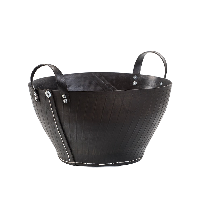 Handcrafted heavy-duty firewood basket made from recycled rubber with reinforced metal rivet handles, perfect for Farm, Garden & Tool and Wood Cutting and Hauling collections.
