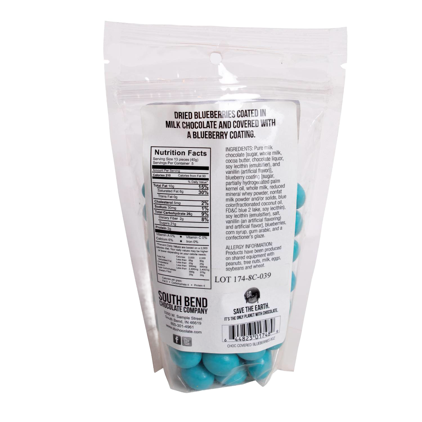 Resealable bag of handcrafted dried blueberries coated in milk chocolate and a blueberry-flavored coating, made in USA, ideal for Kitchen & Food, Snacks and Sweets, Candy, and Best Sellers collections.