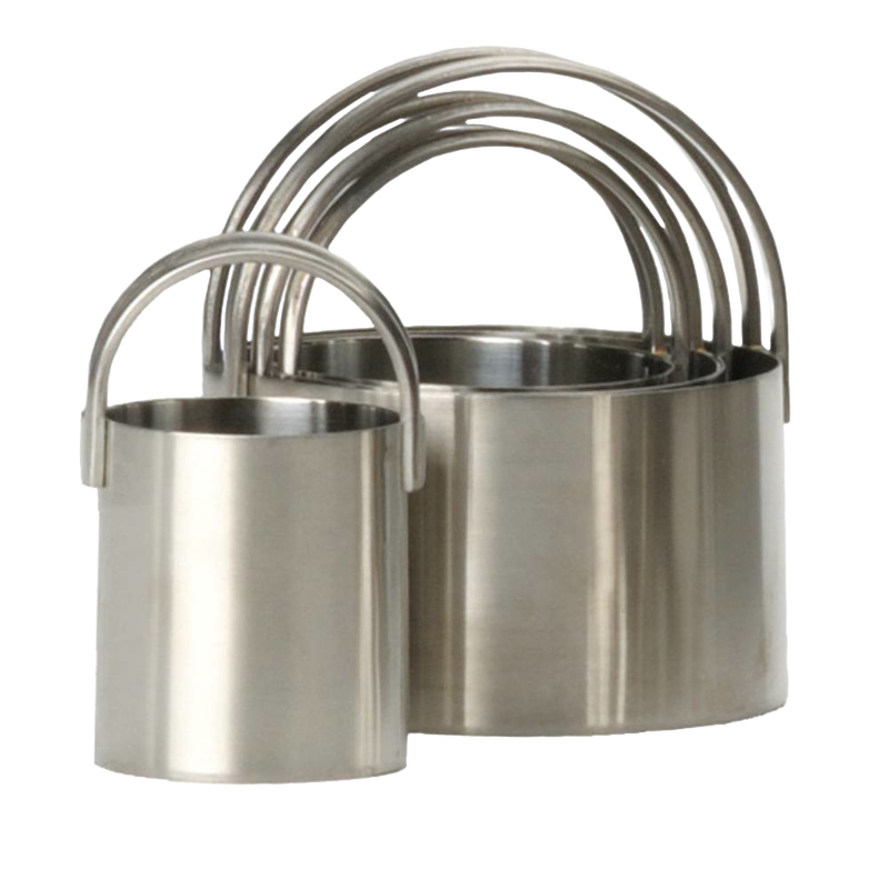 Set of four stainless steel biscuit cutters with comfortable arched handles, nesting compactly for storage, ideal for baking supplies and kitchen gadgets in cooking and baking helpers.