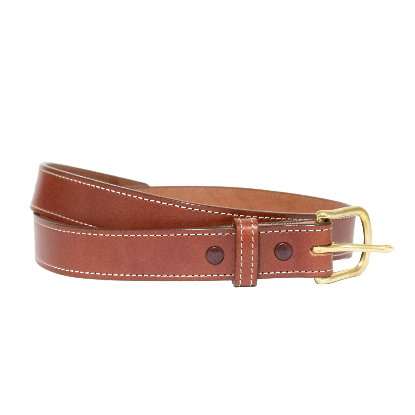 Handcrafted Amish-made brown genuine leather belt with contrast stitching and solid brass buckle, perfect for dressy or casual wear, featured in USA Made and Best Sellers collections.