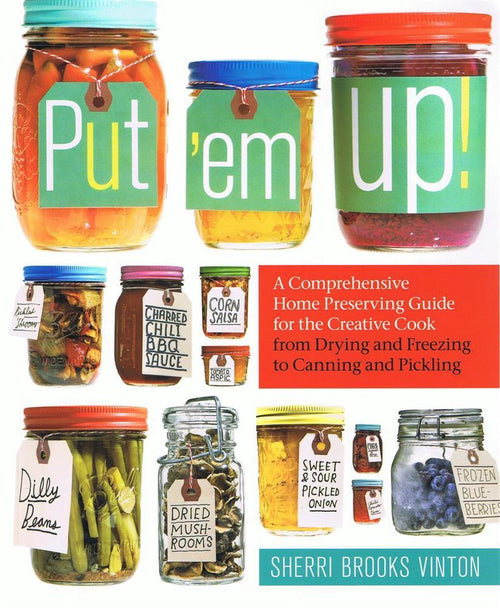 Colorful assortment of preserved foods in glass jars with handmade labels including pickles, salsa, and sauces, highlighting home preserving techniques in a charming, creative style for Toys, Books & Games and Canning and Preserving Books collections.