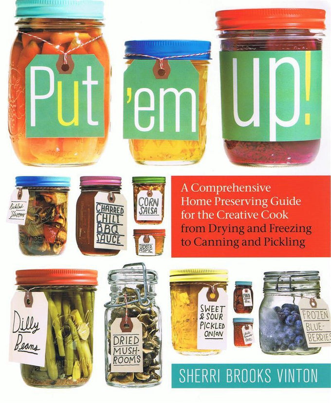 Colorful assortment of preserved foods in glass jars with handmade labels including pickles, salsa, and sauces, highlighting home preserving techniques in a charming, creative style for Toys, Books & Games and Canning and Preserving Books collections.