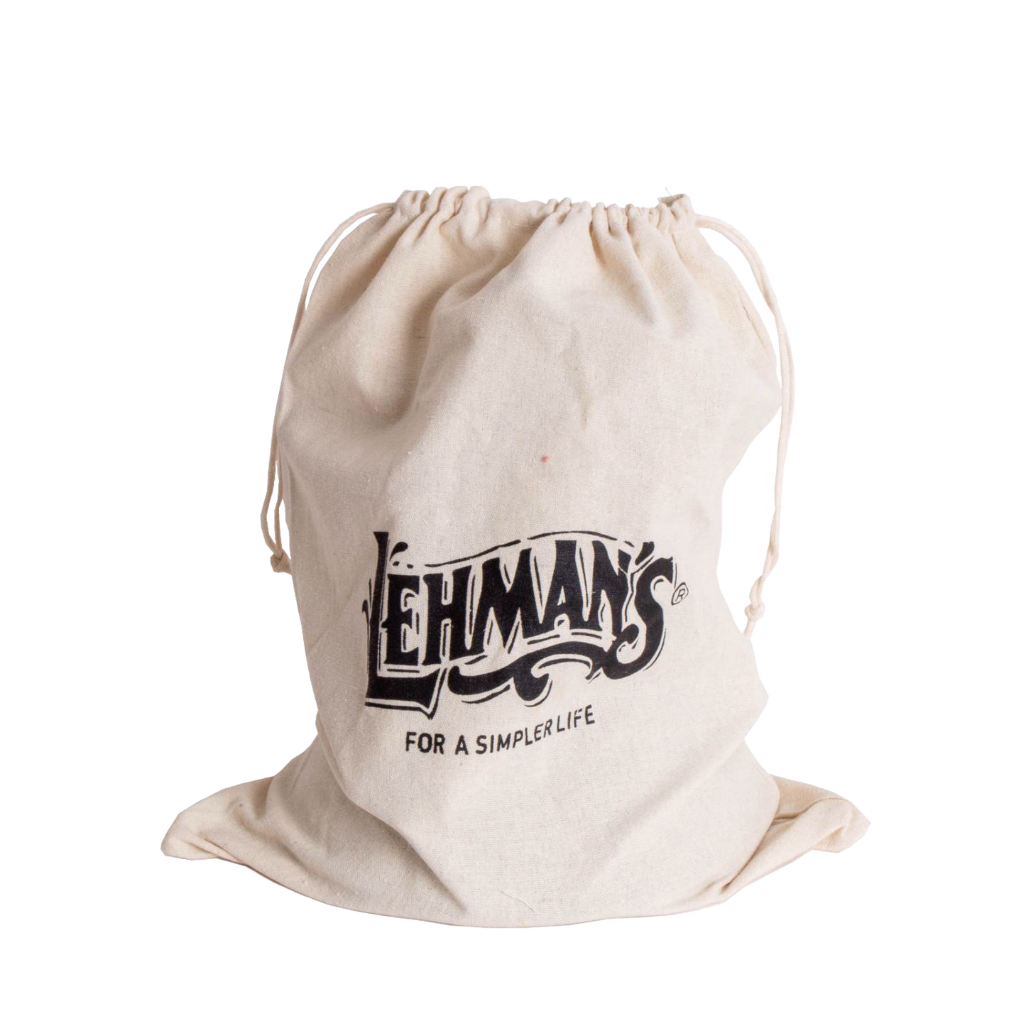 Natural cotton drawstring storage bag with Lehman's logo and slogan "For a Simpler Life," designed for Home & Decor and Laundry Supplies collections.