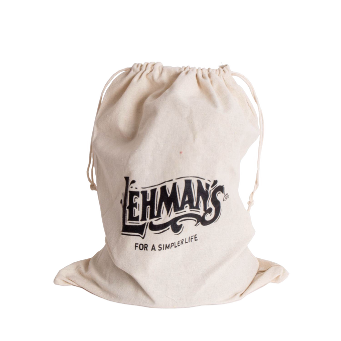 Natural cotton drawstring storage bag with Lehman's logo and slogan "For a Simpler Life," designed for Home & Decor and Laundry Supplies collections.