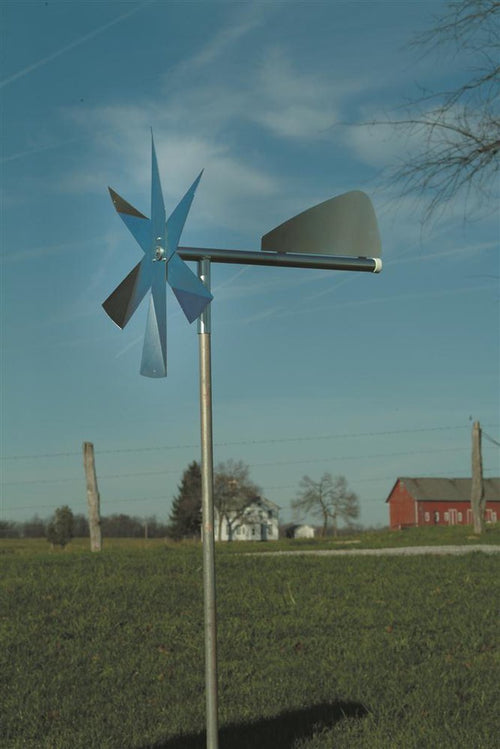 Handcrafted Amish-made mole deterrent windmill with reflective metal blades mounted on a galvanized steel post, designed for humane pest control in Farm, Garden & Tool, Lawncare, Pest Control, and Best Sellers collections.