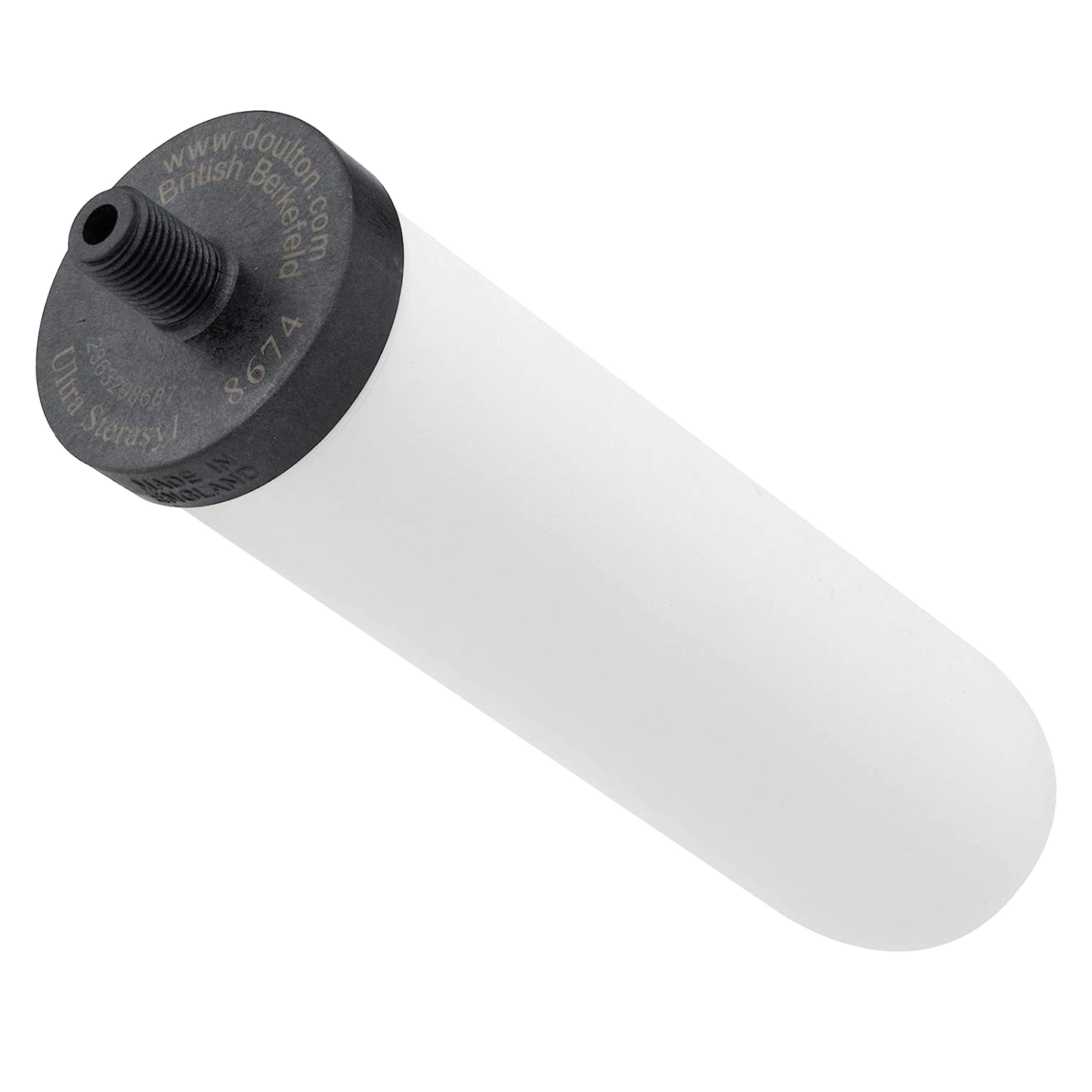 Handcrafted white ceramic water filter cartridge with black threaded top featuring granular activated carbon, compatible with British Berkefeld gravity systems, ideal for emergency supplies and farm use.
