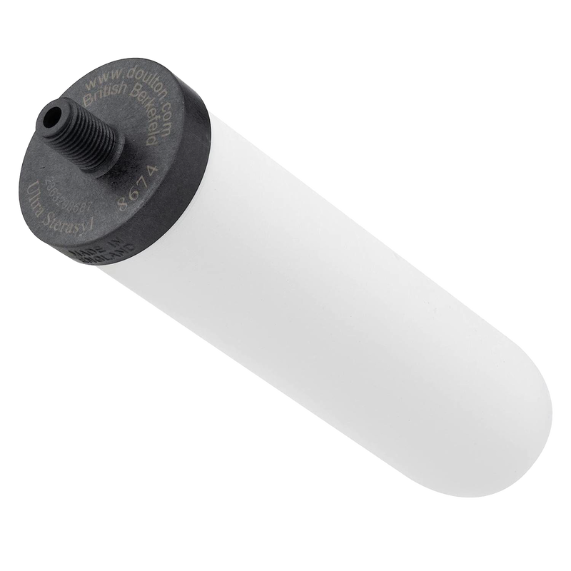 Handcrafted white ceramic water filter cartridge with black threaded top featuring granular activated carbon, compatible with British Berkefeld gravity systems, ideal for emergency supplies and farm use.