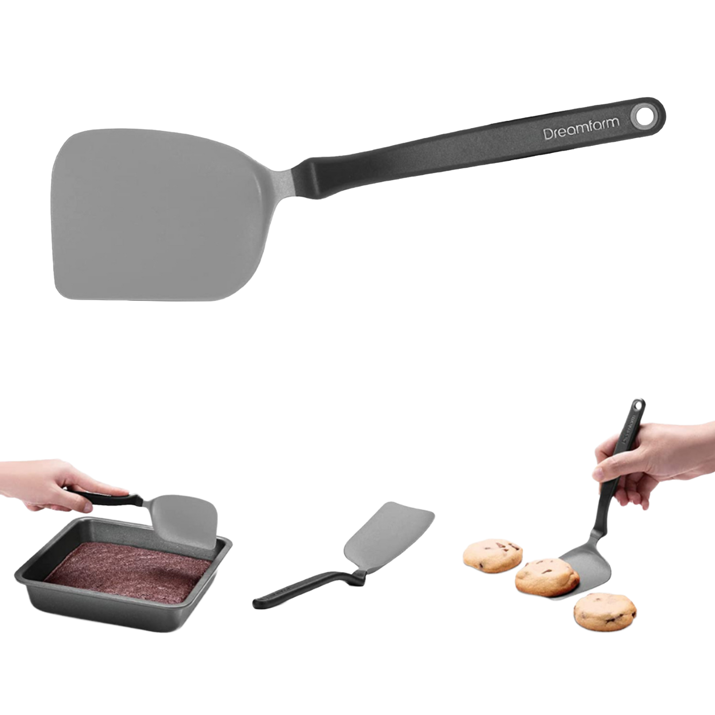 Gray flexible spatula with a slim handle lifting cookies and brownies, ideal for Kitchen & Food, Kitchen Gadgets, Cooking and Baking Helpers, Best Sellers, and Promo Eligible collections.