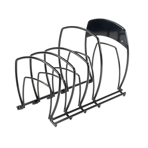 Durable steel cookware organizer with five tiers for neatly storing pots and pans, designed to save space and keep kitchens organized, ideal for Kitchen & Food and Storage collections.