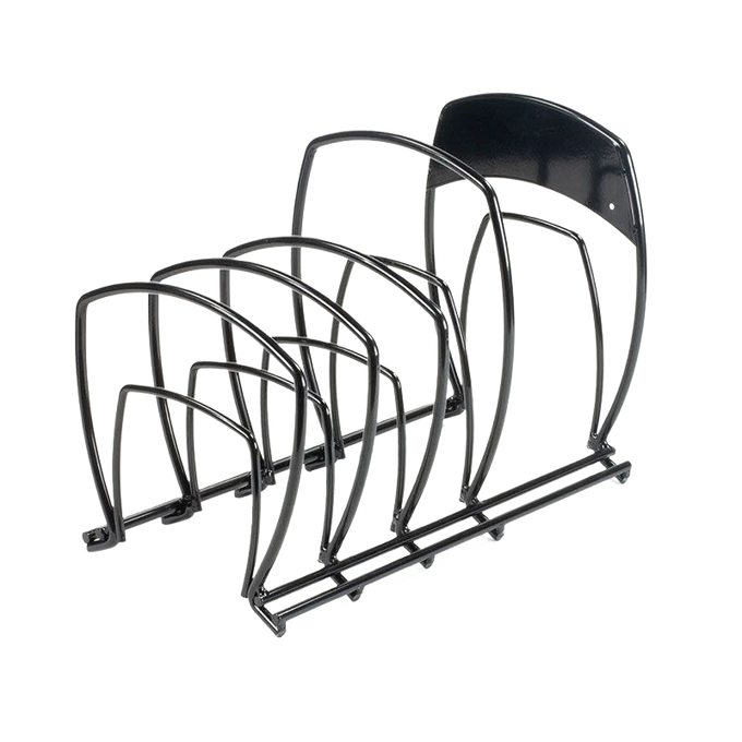 Durable steel cookware organizer with five tiers for neatly storing pots and pans, designed to save space and keep kitchens organized, ideal for Kitchen & Food and Storage collections.